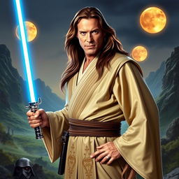 Jean Claude Van Damme depicted as a Jedi Master, wearing an elegant Jedi robe with intricate designs, standing confidently in a dynamic pose