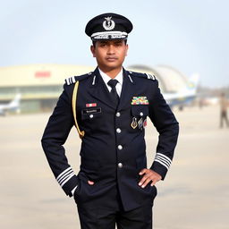 A person dressed in a Bangladesh Air Force official uniform, complete with the dark blue jacket adorned with insignias and badges, crisp white shirt, and smart trousers