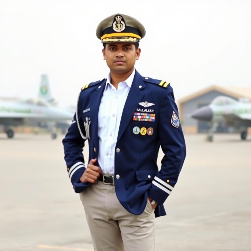 A person dressed in a Bangladesh Air Force official uniform, complete with the dark blue jacket adorned with insignias and badges, crisp white shirt, and smart trousers