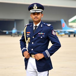 A person dressed in a Bangladesh Air Force official uniform, complete with the dark blue jacket adorned with insignias and badges, crisp white shirt, and smart trousers