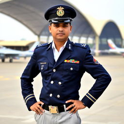 A person dressed in a Bangladesh Air Force official uniform, complete with the dark blue jacket adorned with insignias and badges, crisp white shirt, and smart trousers