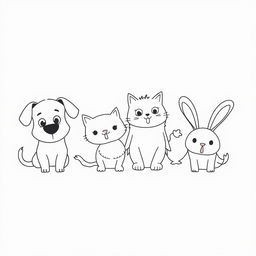 An artistic outline sketch of various animals in a cartoon style