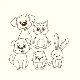 An artistic outline sketch of various animals in a cartoon style