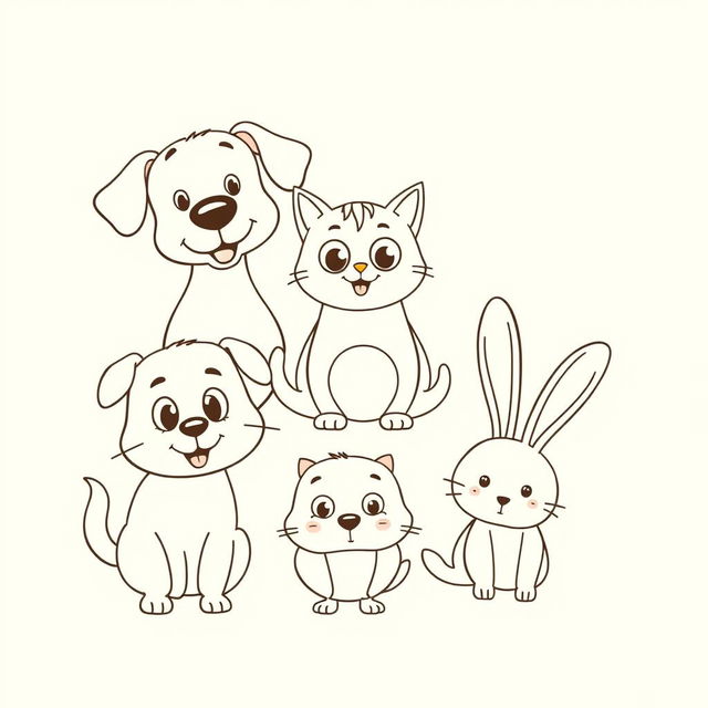 An artistic outline sketch of various animals in a cartoon style