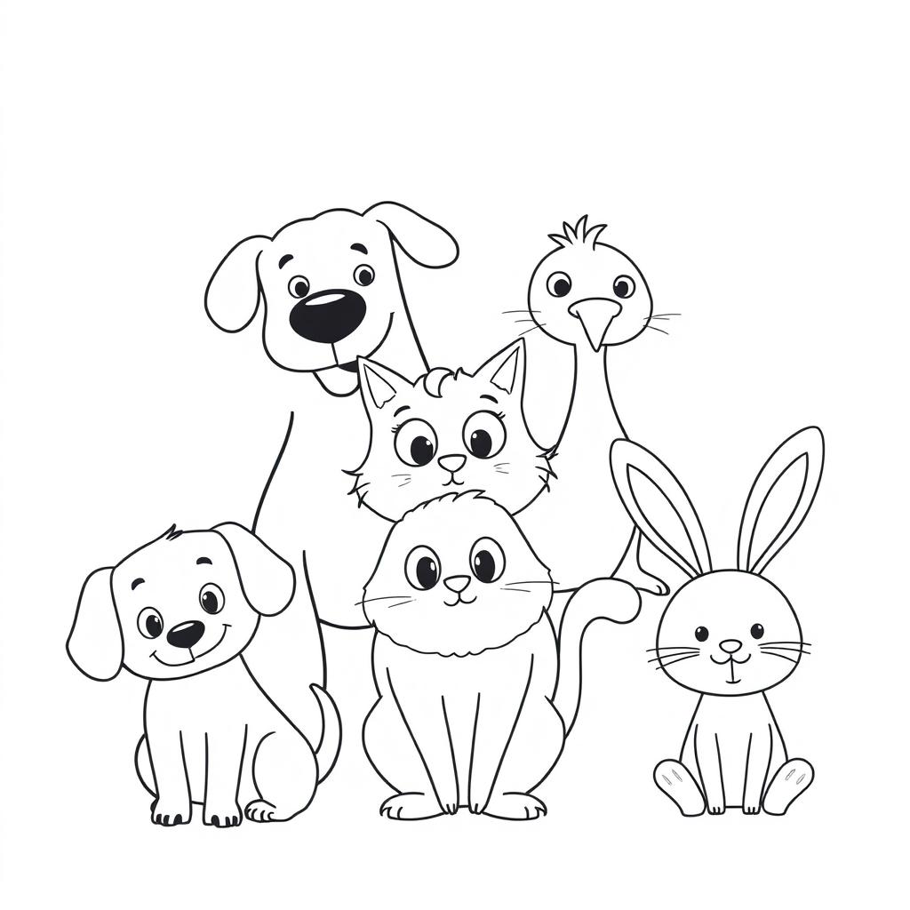 An artistic outline sketch of various animals in a cartoon style