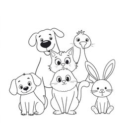 An artistic outline sketch of various animals in a cartoon style