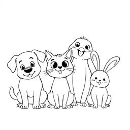 An artistic outline sketch of various animals in a cartoon style