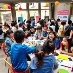 A lively network event featuring enthusiastic children and teenagers engaged in innovative teamwork projects