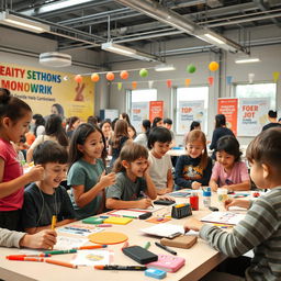 A lively network event featuring enthusiastic children and teenagers engaged in innovative teamwork projects