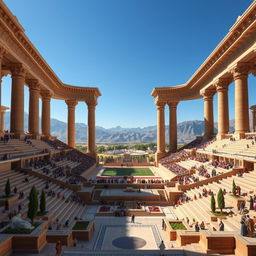 Imagine a grand stadium set in the Achaemenid Empire era, resembling an architectural marvel inspired by ancient Persian design