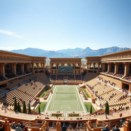 Imagine a grand stadium set in the Achaemenid Empire era, resembling an architectural marvel inspired by ancient Persian design