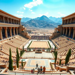 Imagine a grand stadium set in the Achaemenid Empire era, resembling an architectural marvel inspired by ancient Persian design