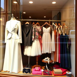 A beautifully designed tailor shop display window, showcasing elegant and stylish clothing and fabrics