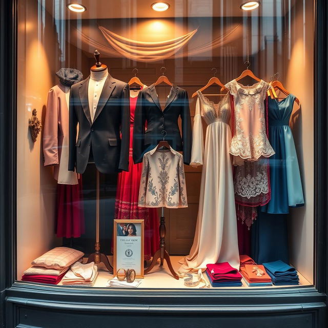 A beautifully designed tailor shop display window, showcasing elegant and stylish clothing and fabrics