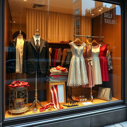 A beautifully designed tailor shop display window, showcasing elegant and stylish clothing and fabrics