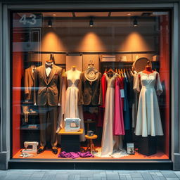 A beautifully designed tailor shop display window, showcasing elegant and stylish clothing and fabrics