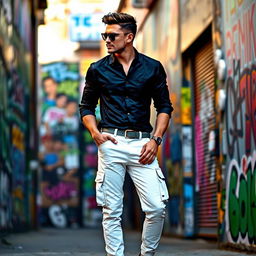 A stylish man wearing a black shirt and white cargo pants, standing confidently with a relaxed posture