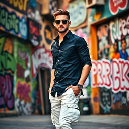 A stylish man wearing a black shirt and white cargo pants, standing confidently with a relaxed posture