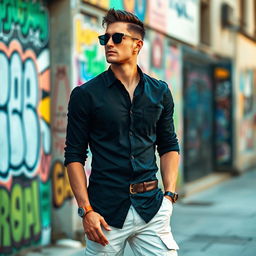 A stylish man wearing a black shirt and white cargo pants, standing confidently with a relaxed posture