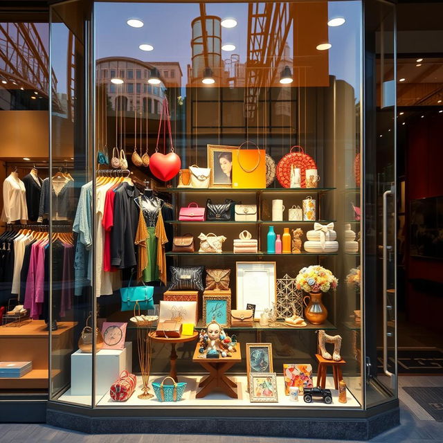 A visually captivating shop window display filled with colorful merchandise, enticing products beautifully arranged to attract customers