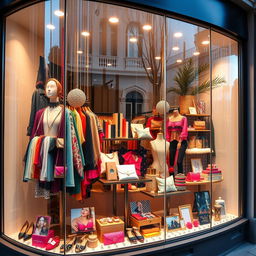 A visually captivating shop window display filled with colorful merchandise, enticing products beautifully arranged to attract customers