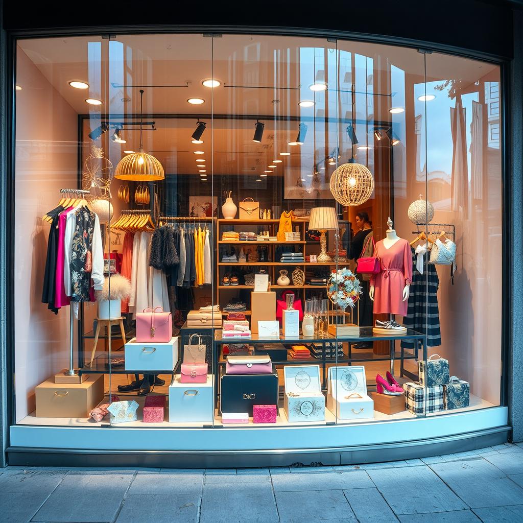 A visually captivating shop window display filled with colorful merchandise, enticing products beautifully arranged to attract customers