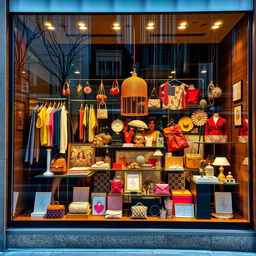 A visually captivating shop window display filled with colorful merchandise, enticing products beautifully arranged to attract customers