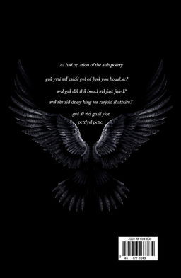 A stunning black-themed book back cover for a Punjabi poetry collection, featuring beautifully detailed bird wings elegantly spread across the design