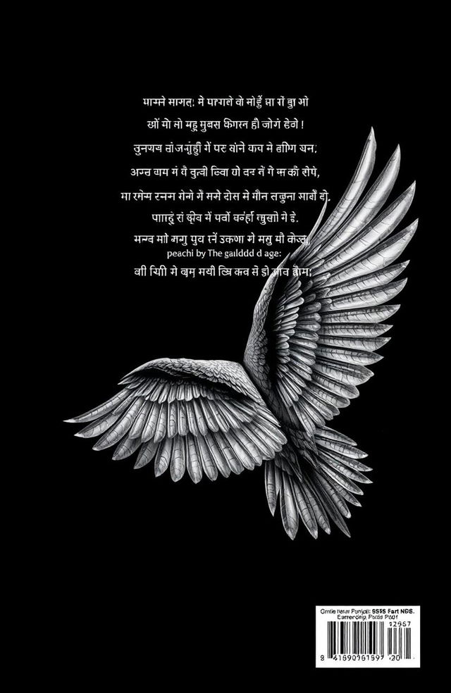 A stunning black-themed book back cover for a Punjabi poetry collection, featuring beautifully detailed bird wings elegantly spread across the design