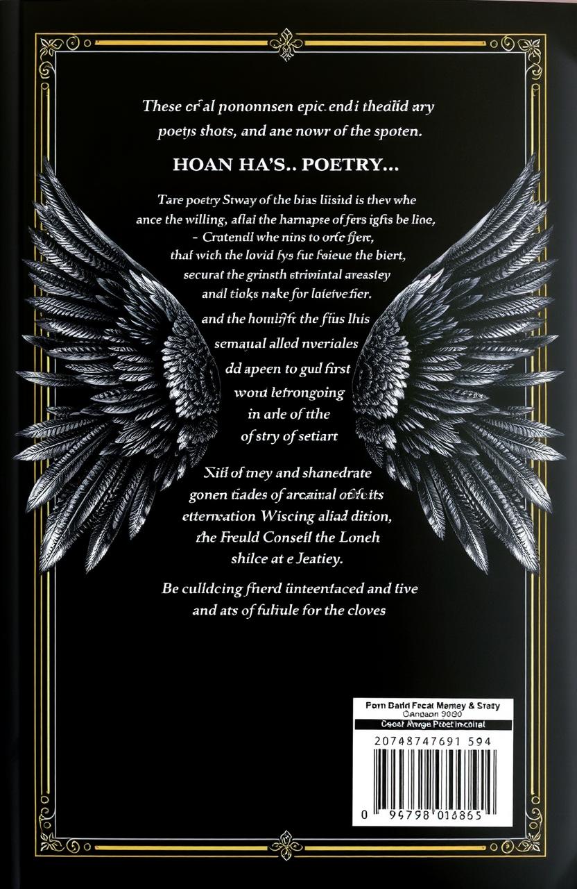 A stunning black-themed book back cover for a Punjabi poetry collection, featuring beautifully detailed bird wings elegantly spread across the design