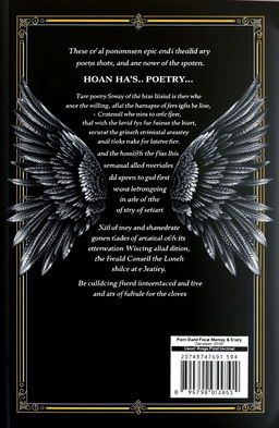 A stunning black-themed book back cover for a Punjabi poetry collection, featuring beautifully detailed bird wings elegantly spread across the design