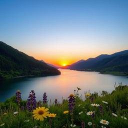 A serene landscape featuring a tranquil lake surrounded by lush green forests under a clear blue sky