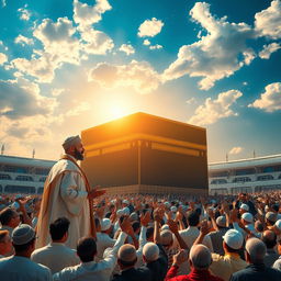 A powerful scene depicting the moment of the appearance of Imam Mahdi standing next to the Kaaba in Mecca, inviting the world to the path of God