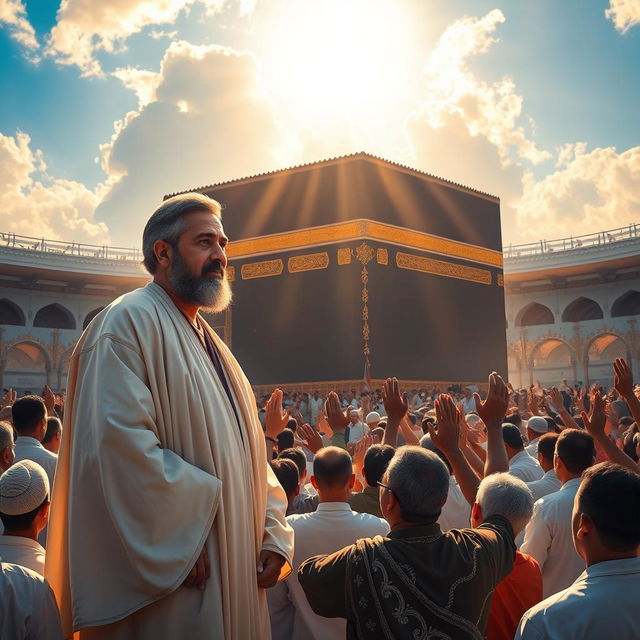 A powerful scene depicting the moment of the appearance of Imam Mahdi standing next to the Kaaba in Mecca, inviting the world to the path of God