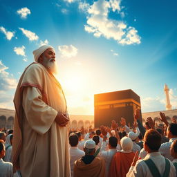 A powerful scene depicting the moment of the appearance of Imam Mahdi standing next to the Kaaba in Mecca, inviting the world to the path of God