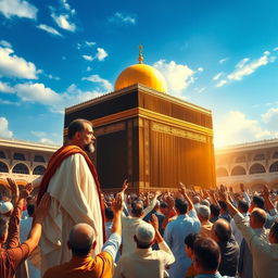 A powerful scene depicting the moment of the appearance of Imam Mahdi standing next to the Kaaba in Mecca, inviting the world to the path of God