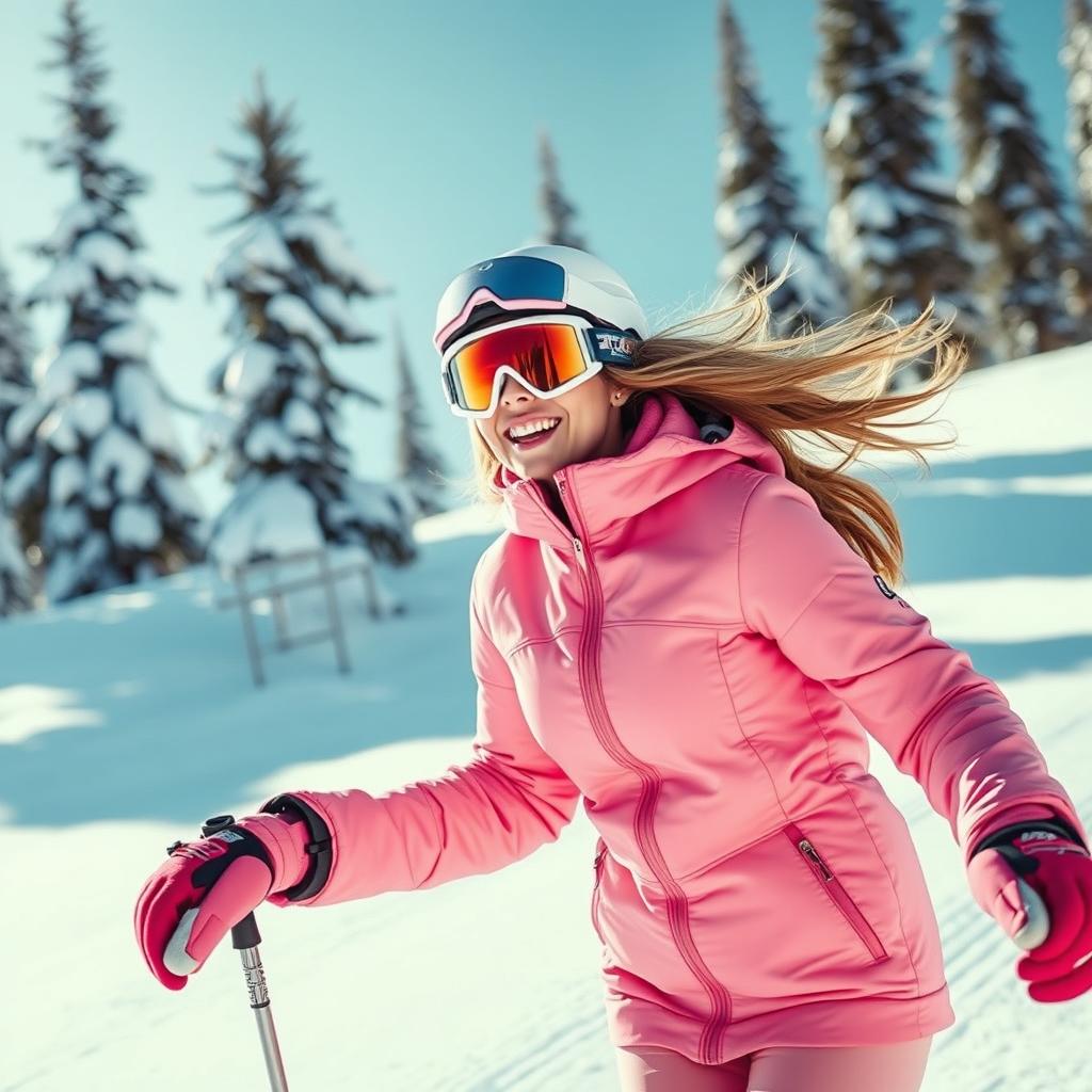 A woman skiing through a snowy landscape, wearing a stylish pink jacket that contrasts beautifully against the pure white snow