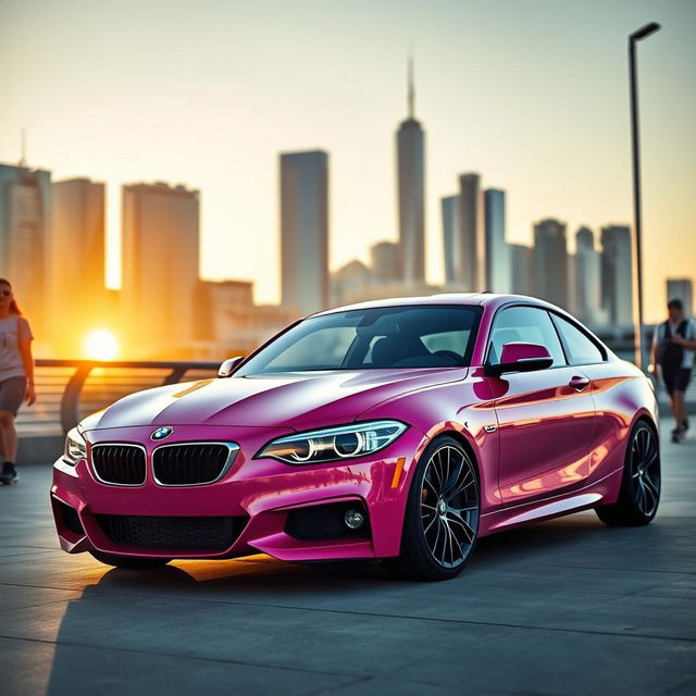 A stylish BMW E81 in a vibrant pink color, showcasing its sleek design and sporty features