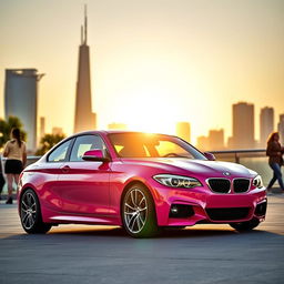 A stylish BMW E81 in a vibrant pink color, showcasing its sleek design and sporty features
