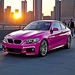 A stylish BMW E81 in a vibrant pink color, showcasing its sleek design and sporty features