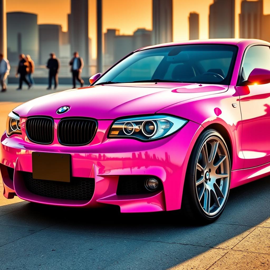 A stylish BMW E81 in a vibrant pink color, showcasing its sleek design and sporty features