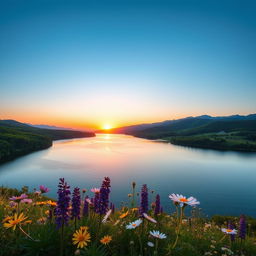 A serene landscape featuring a tranquil lake surrounded by lush green forests under a clear blue sky