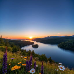 A serene landscape featuring a tranquil lake surrounded by lush green forests under a clear blue sky
