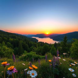 A serene landscape featuring a tranquil lake surrounded by lush green forests under a clear blue sky
