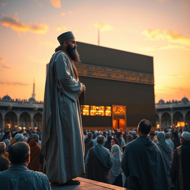 A stunning depiction of Imam Mahdi standing beside the Kaaba in Mecca, leaning against its wall, inviting the people of the world to embrace the religion of God