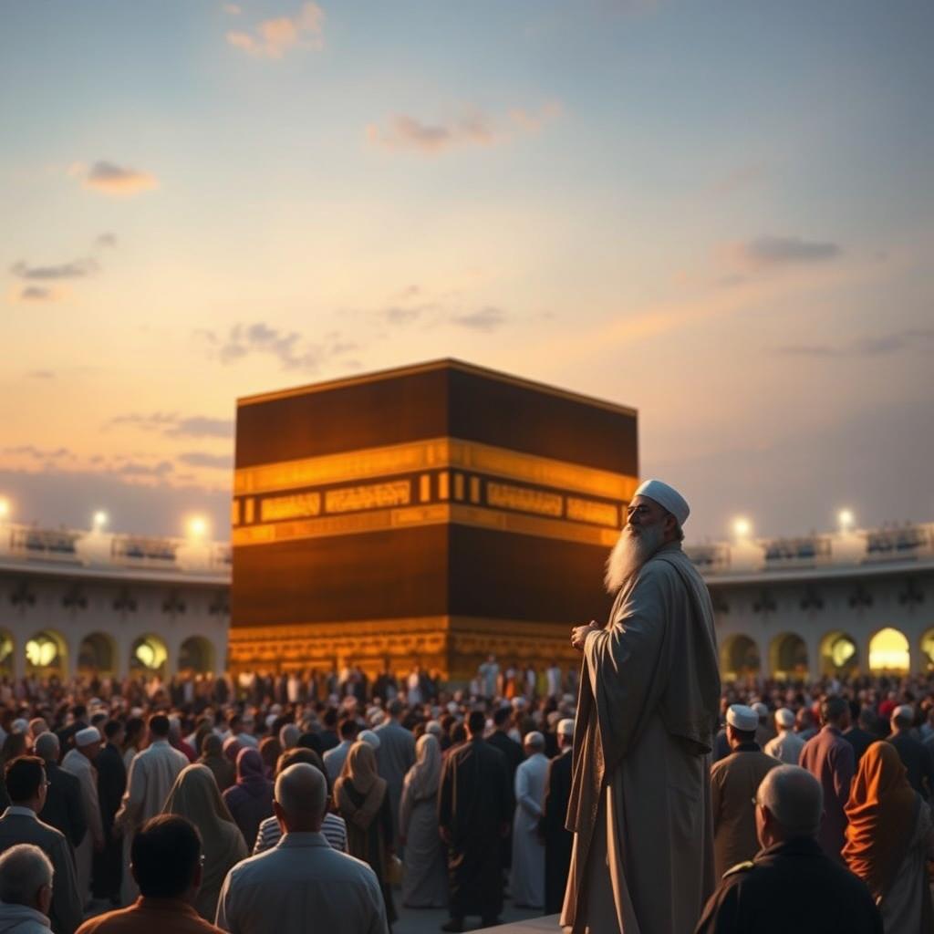 A stunning depiction of Imam Mahdi standing beside the Kaaba in Mecca, leaning against its wall, inviting the people of the world to embrace the religion of God