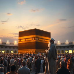 A stunning depiction of Imam Mahdi standing beside the Kaaba in Mecca, leaning against its wall, inviting the people of the world to embrace the religion of God