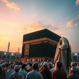 A stunning depiction of Imam Mahdi standing beside the Kaaba in Mecca, leaning against its wall, inviting the people of the world to embrace the religion of God