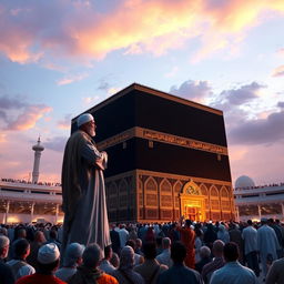 A stunning depiction of Imam Mahdi standing beside the Kaaba in Mecca, leaning against its wall, inviting the people of the world to embrace the religion of God