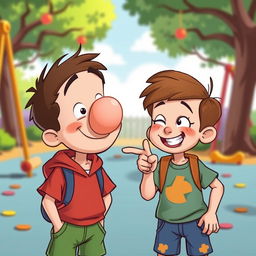 A humorous cartoon scene featuring two boys in a playful setting